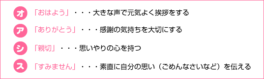 「おはよう」・・・大きな声で元気よく挨拶をする　「ありがとう」・・・感謝の気持ちを大切にする　「親切」・・・思いやりの心を持つ　「すみません」・・・素直に自分の思い（ごめんなさいなど）を伝える